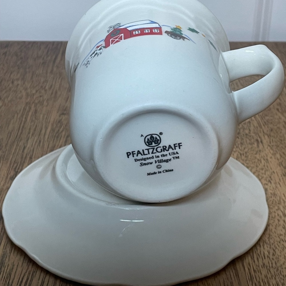 Pfaltzgraff White Mug and Saucer with Red Barn Holiday Design - Picture 6 of 6